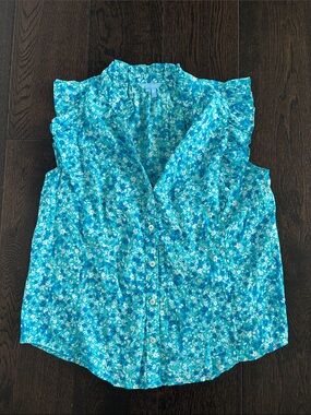 Sleeveless Blue Floral Button-Front Top